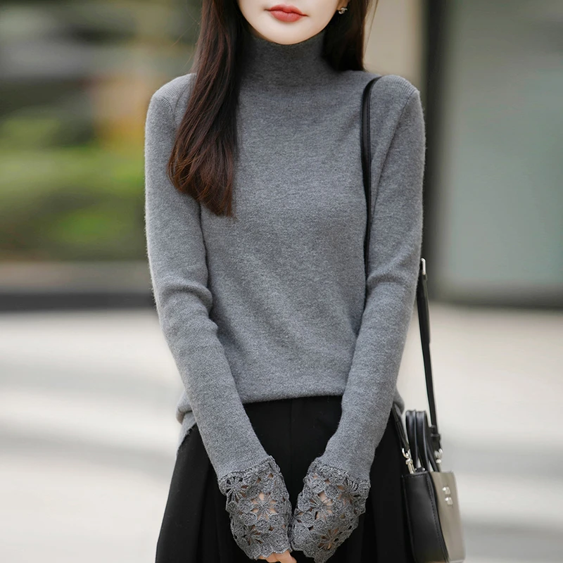 品牌撤柜正品秋冬新款袖口钩花高领内搭针织羊毛衫时尚休闲毛衣女