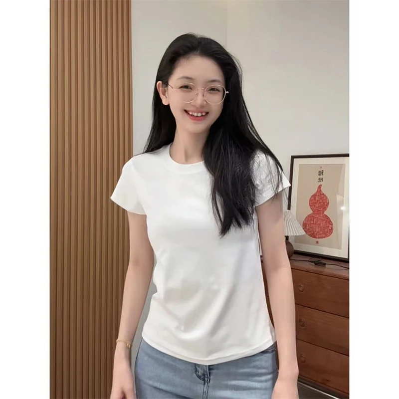 套头夏季小圆领修身显瘦百搭T恤女2025新款螺纹棉高弹力短袖舒适