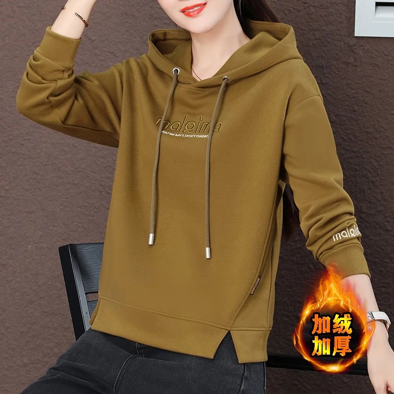 2025秋冬卫衣新款加绒加厚连帽中年女士宽松妈妈外套保暖上衣打底