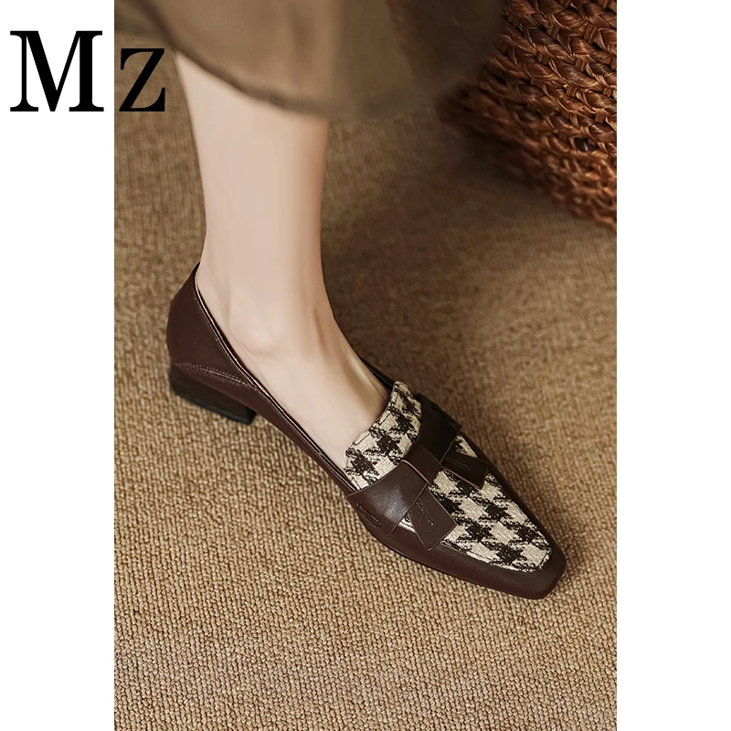 现货断码福利/3cm/法式复古小方头蝴蝶结千鸟格粗跟乐福鞋女鞋