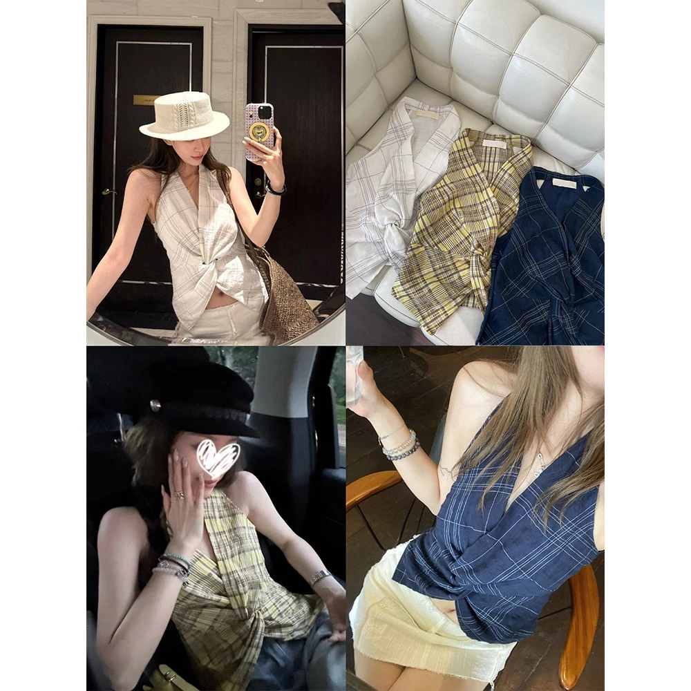 3色格子纽结设计感收腰显瘦挂脖衬衫上衣 21728#