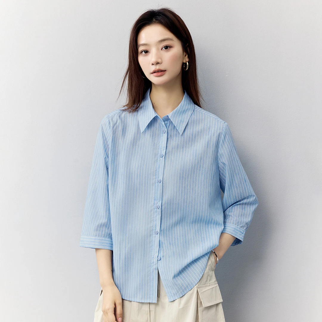 通勤欧若风中袖条纹衬衫女2025春夏款百搭气质舒适休闲衬衣