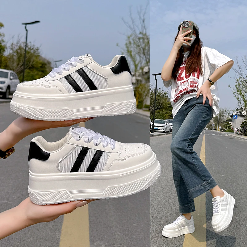 EVA超轻厚底增高时尚百搭网面夏季真皮小白鞋ins韩版小个子轻便