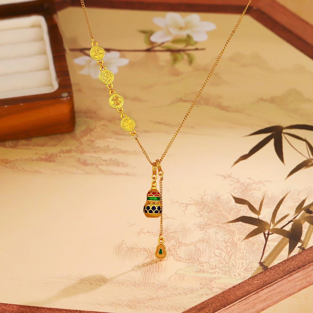 合金项链 珐琅彩平安喜乐葫芦项链女时尚新中式高级感流苏颈链