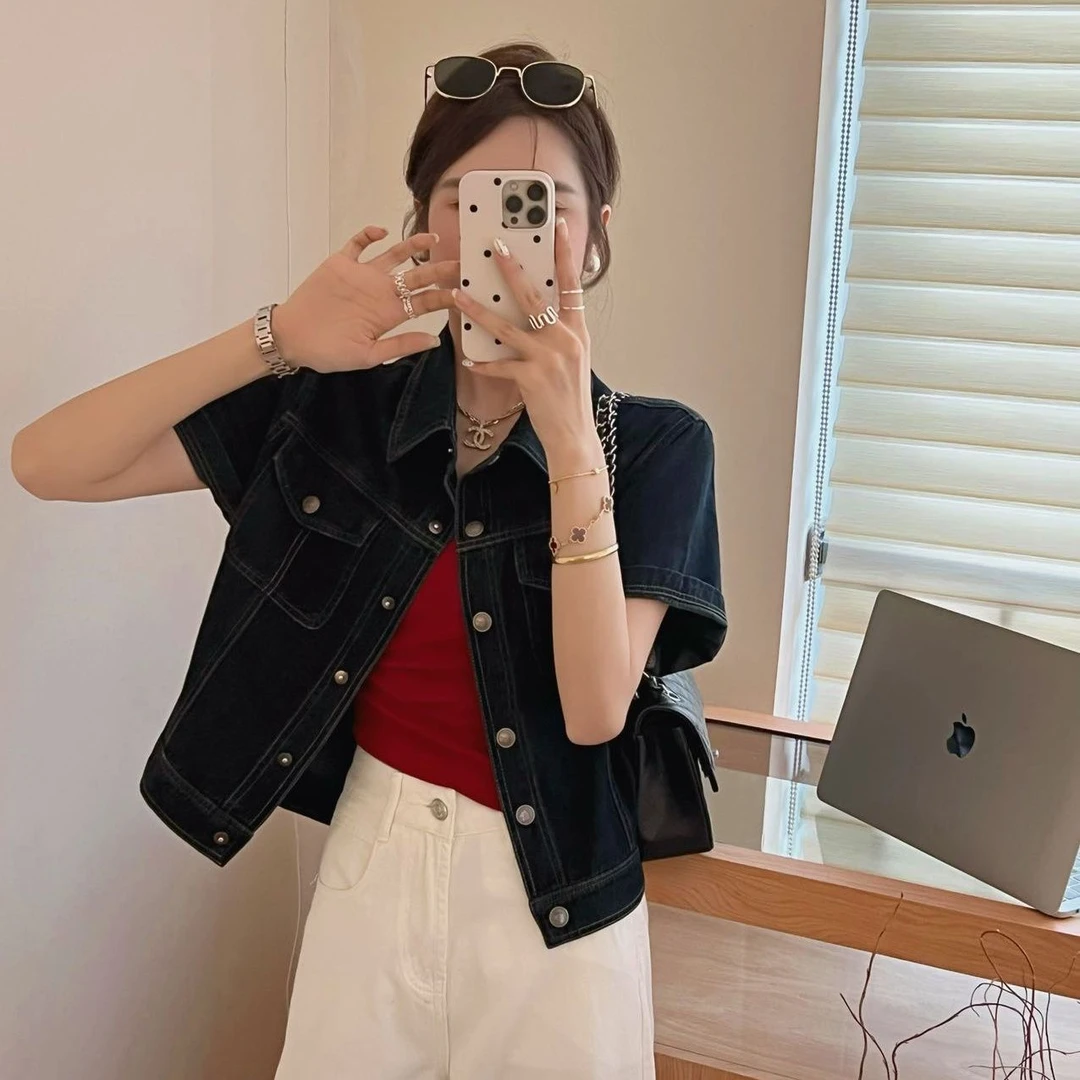 深色韩系短袖牛仔外套女夏季新款宽松百搭短款小个子女款夹克上衣
