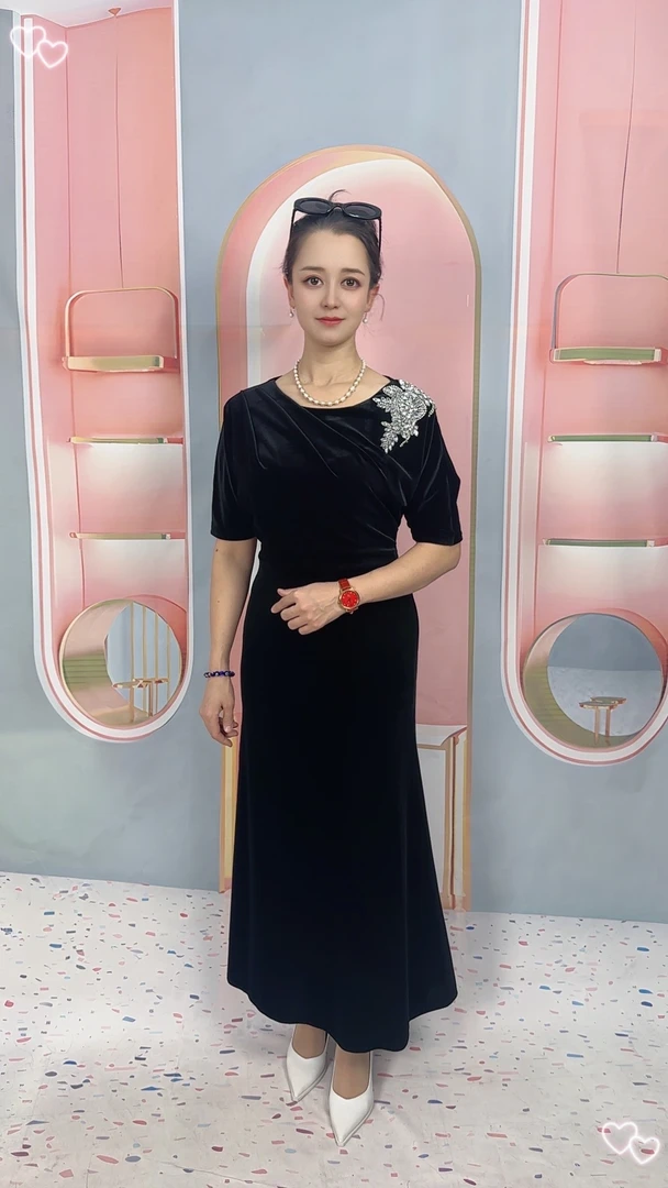春季出行新中式中腰高弹力连衣裙中长款宽松时尚女装气质开叉优雅