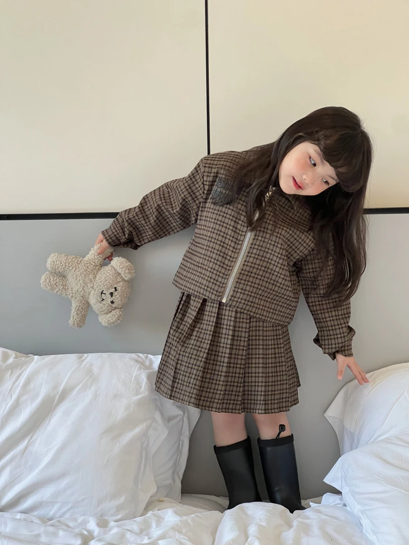 女童套装半裙开衫格子秋季英伦日式秋拉链套装上衣时尚miu家百褶