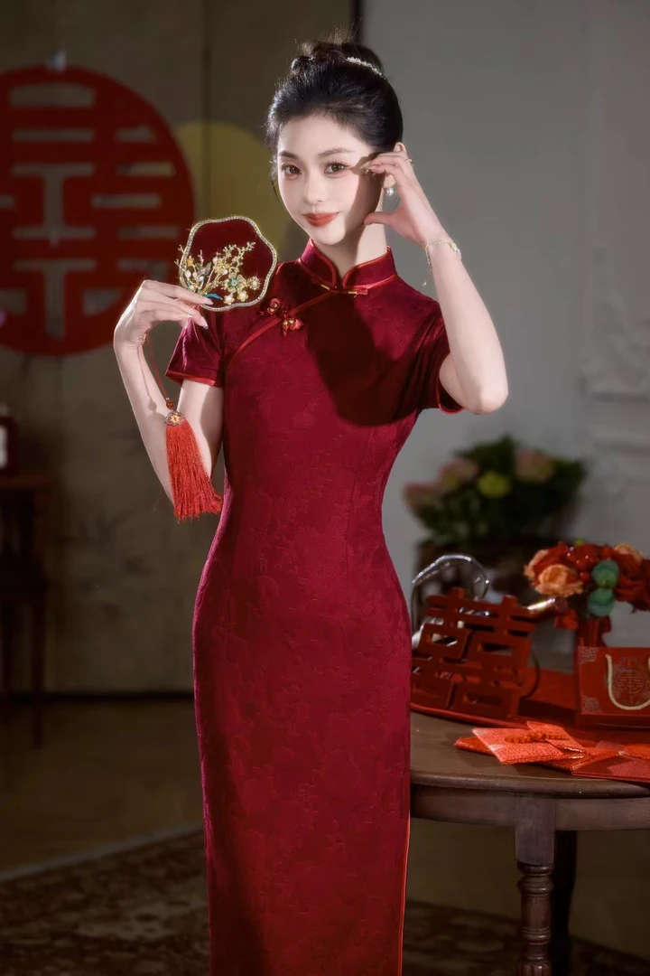 【家有喜事】中国风红色旗袍气质修身显瘦复古中长款红色旗袍A9