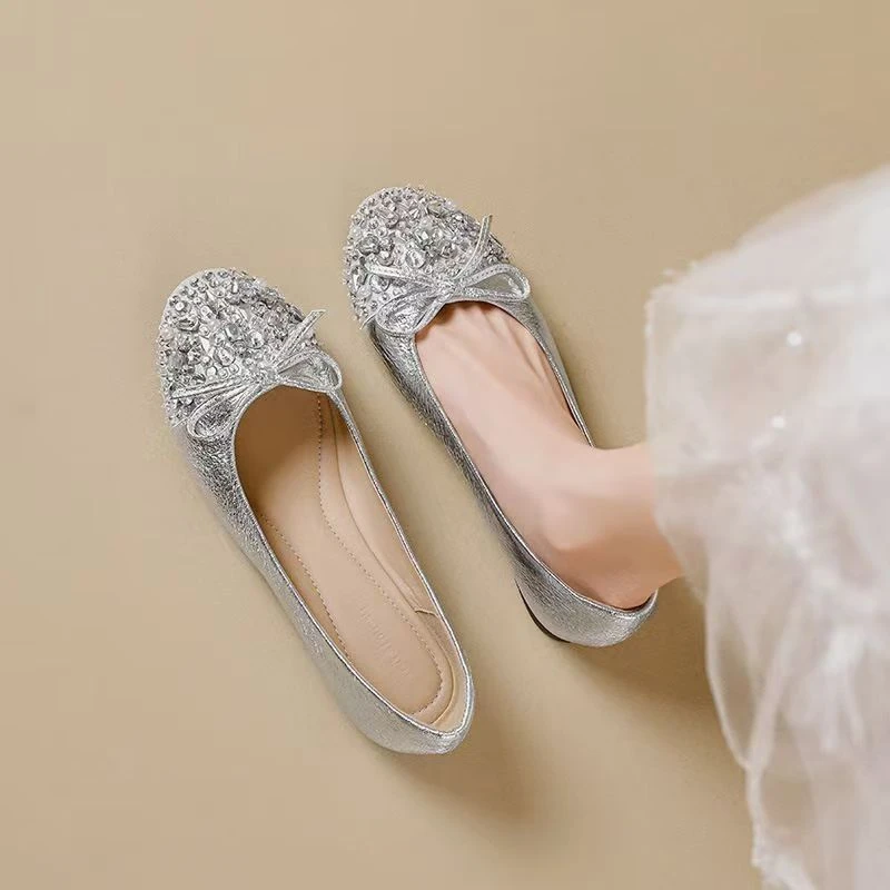 8058-2 蝴蝶结水钻单鞋女浅口仙女风软底飘鞋平底鞋晚晚风女鞋