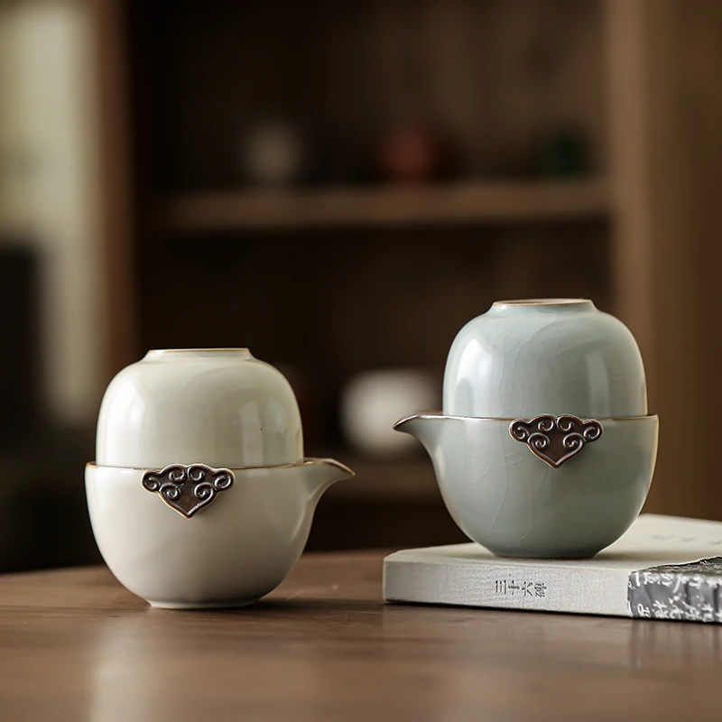 天青汝窑便携式旅行茶具户外露营一人饮快客杯手抓壶一壶两杯套装