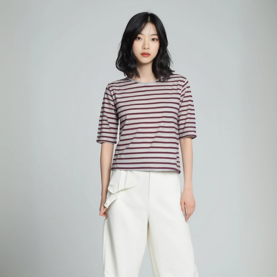 LIEB时尚经典条纹中袖女士圆领T恤衫（断码青苍NO退款）