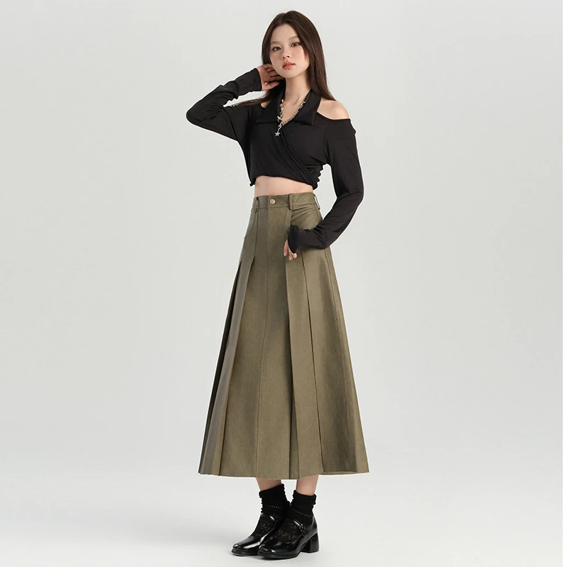 2025年新品上市春秋季新款高腰显瘦百褶皮长裙女半身裙裙子半裙