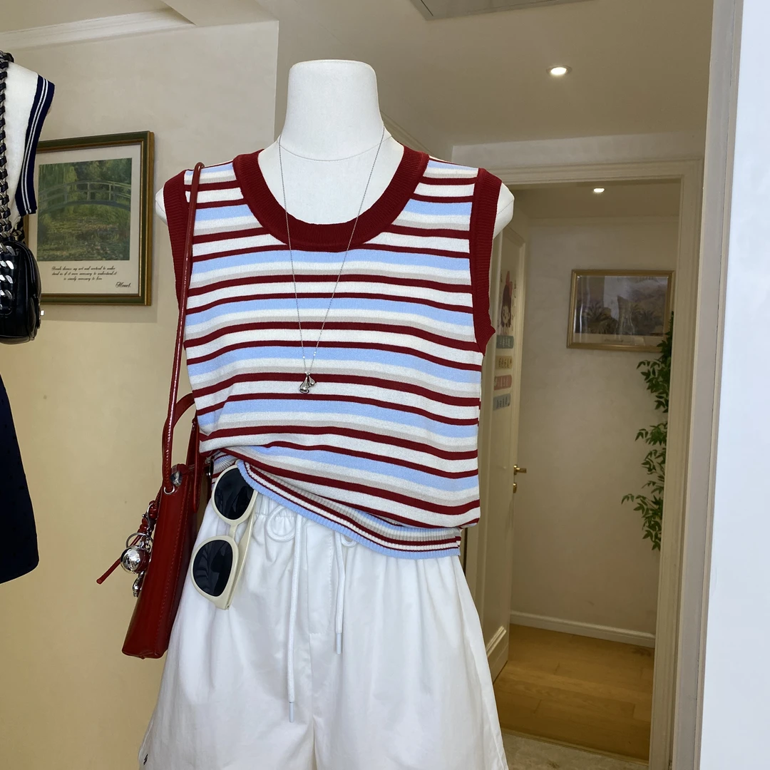 韩系条纹无袖针织吊带背心女2025夏季薄款小众别致小个子上衣5264