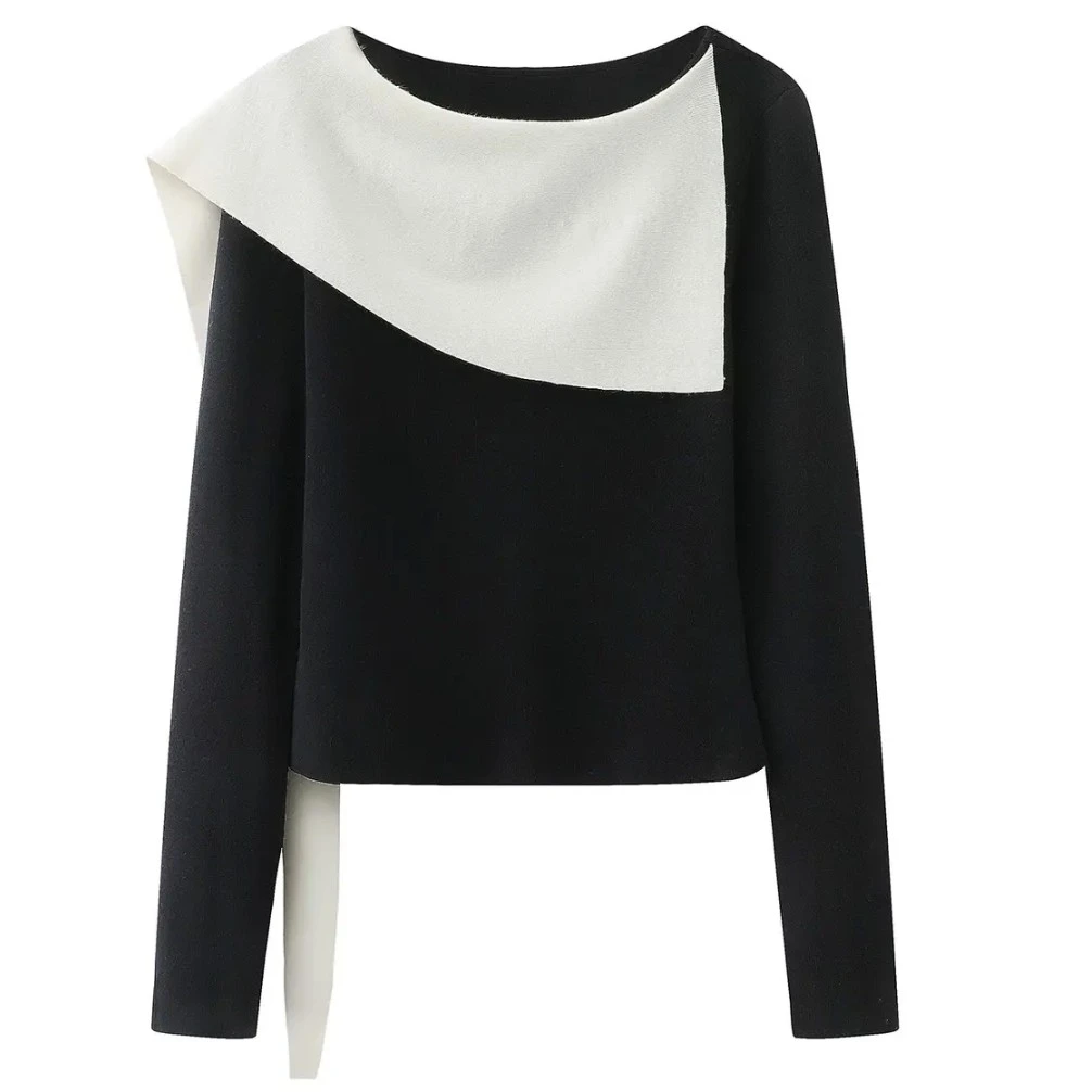 【迪家】黑白拼接撞色不对称针织衫