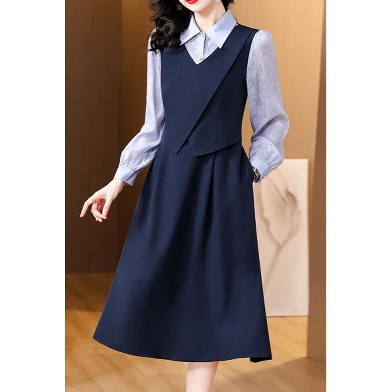 长袖假两件西服连衣裙简约通勤气质收腰修身遮肉显瘦长袖A字裙子