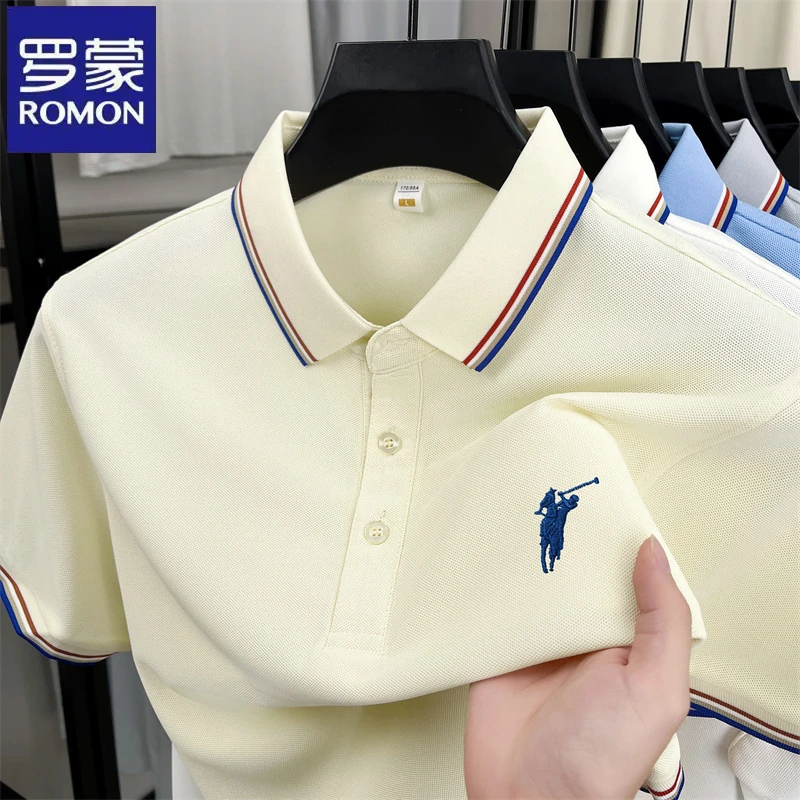 罗蒙纯色商务马标绣花短袖Polo衫夏季中年百搭男士时尚翻领t恤衫