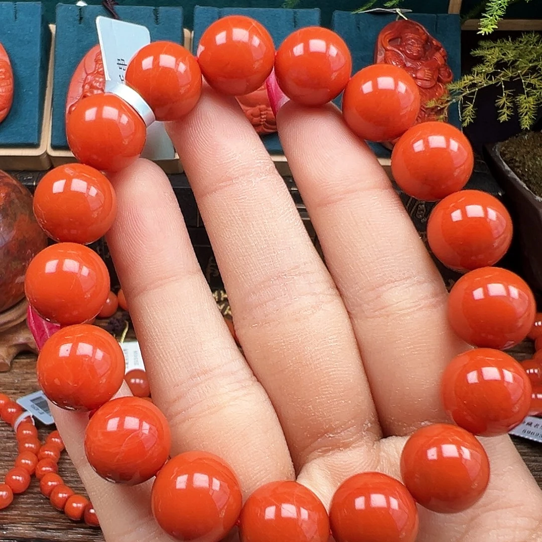 南红玛瑙未镶嵌手串精品 瓦西满肉柿子红卡12mm+