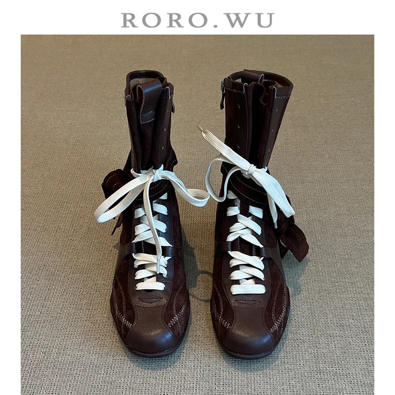 娆娆吴·牛皮中筒靴子气质系带休闲拳击靴秋冬新款平底靴X363