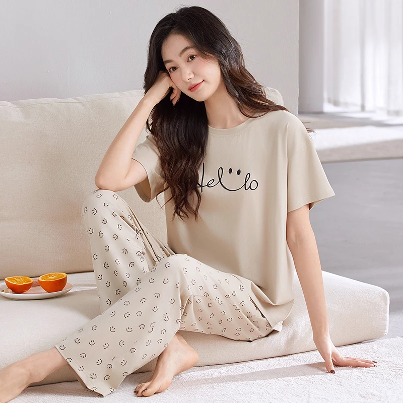 2025新款莫代尔棉短袖长裤睡衣女夏季薄款简约宽松凉感家居服套装