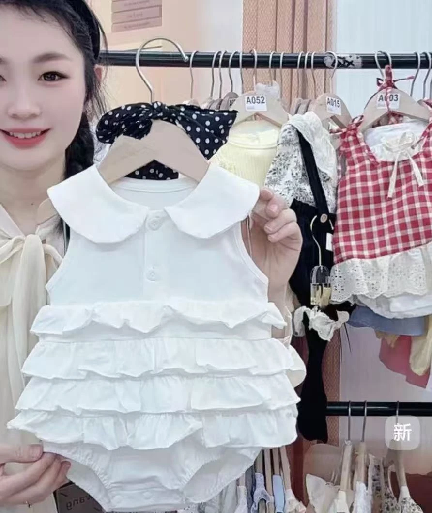 新款夏季可爱娃娃领蛋糕裙洋气超萌白色时尚女宝无袖