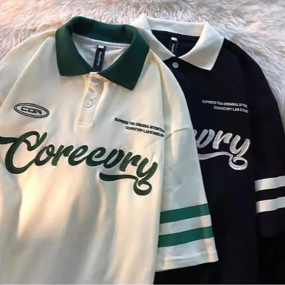 美式复古印花polo领T恤衫原宿风半袖2025新款情侣装短袖男女上衣