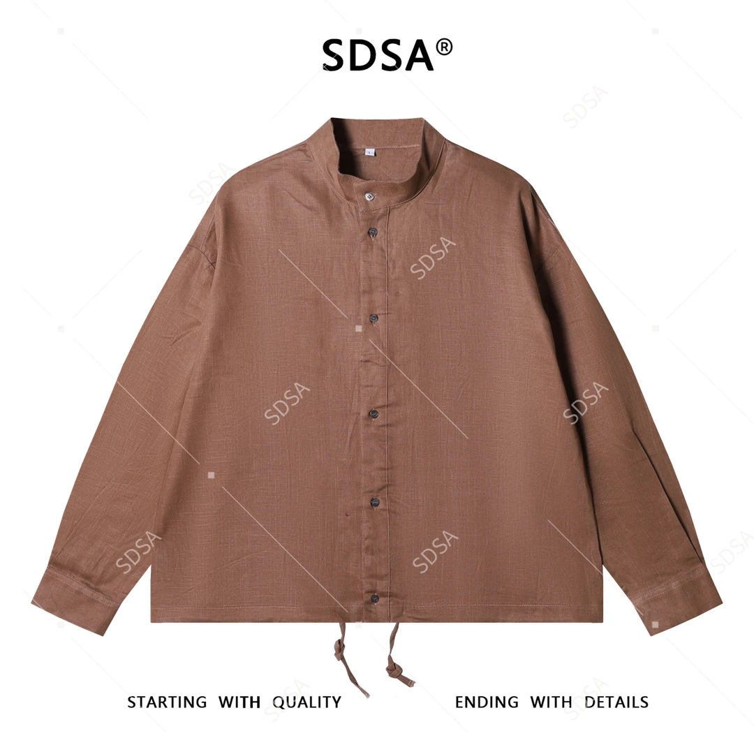 SDSA男士秋冬新款痞帅男装老钱风纯色纽扣半高领拉绳长袖衬衫时尚