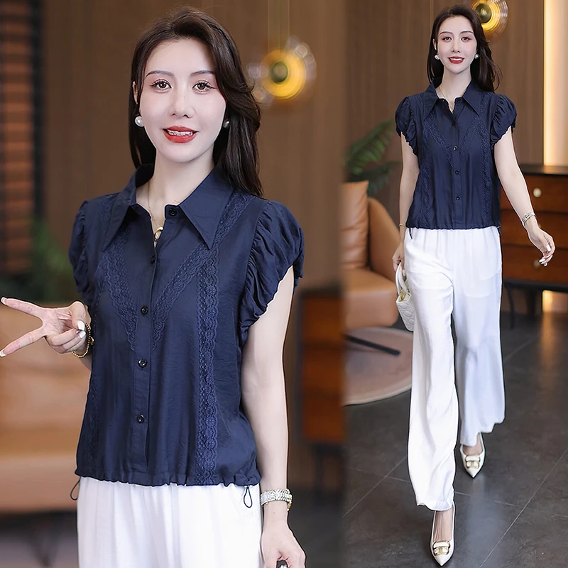 百搭短袖拼接夏季绿色女士短衬衫气质时尚大码洋气2025两件套潮流