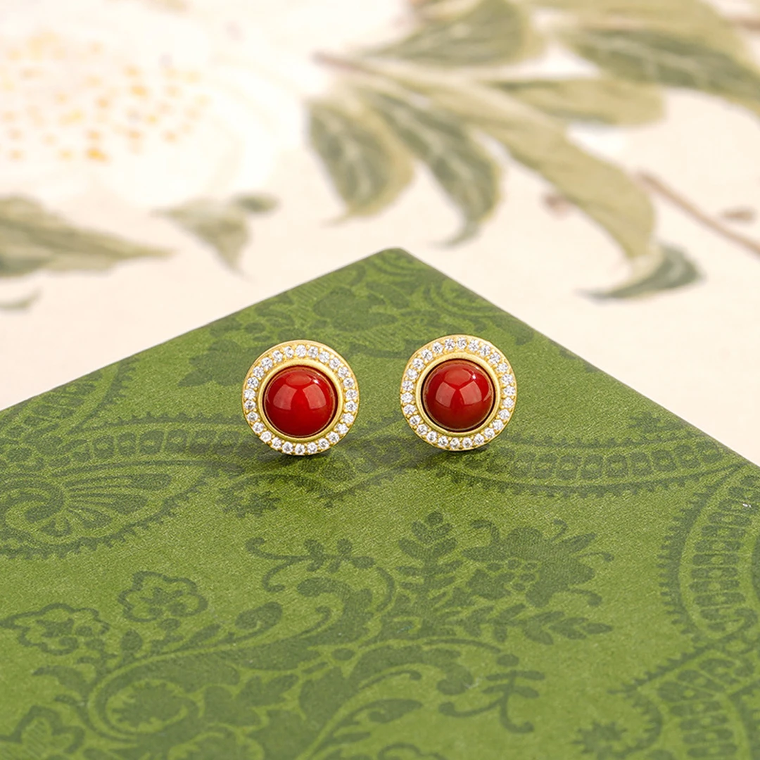 S925银新中式国风小圆满耳钉气质玛瑙耳饰