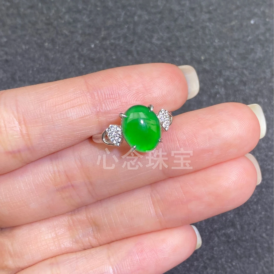 翡翠戒指s925银镶嵌裸镶款多样性精致时尚满色椭圆鸽子蛋翡翠A货