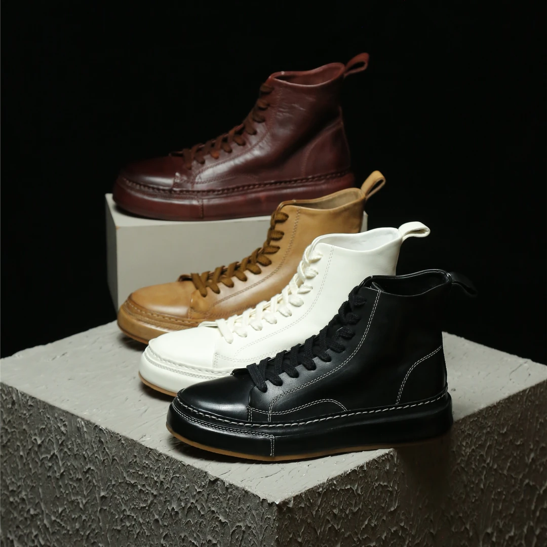 2025新款手工缝线圆头水洗马皮高帮鞋女时尚休闲板鞋女SW6802A1