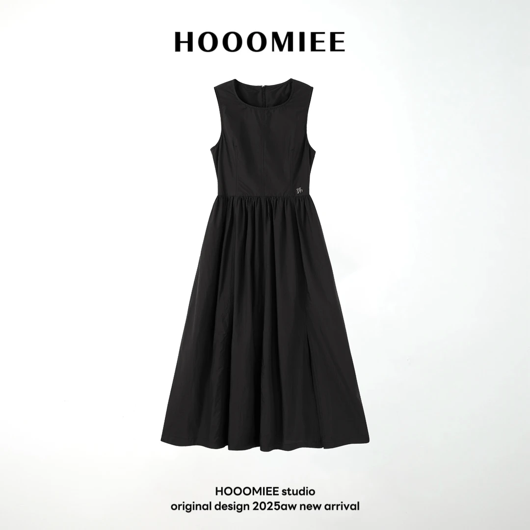 Hooomiee时尚高级感无袖背心A字裙松紧腰金属拉链连衣裙088