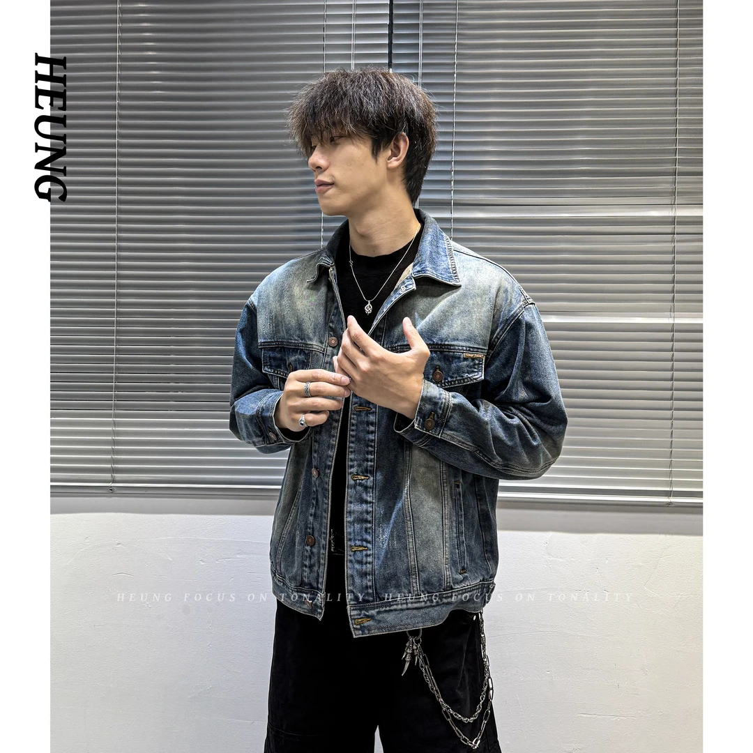 HEUNG 秋季重磅水洗做旧复古蓝牛仔夹克男美式工装夹克潮流外套