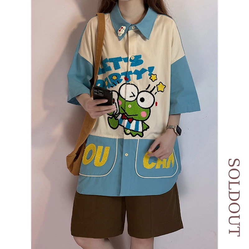 SOLDOUT原创美式复古趣味卡通字母刺绣短袖衬衫女夏季纯棉上衣潮