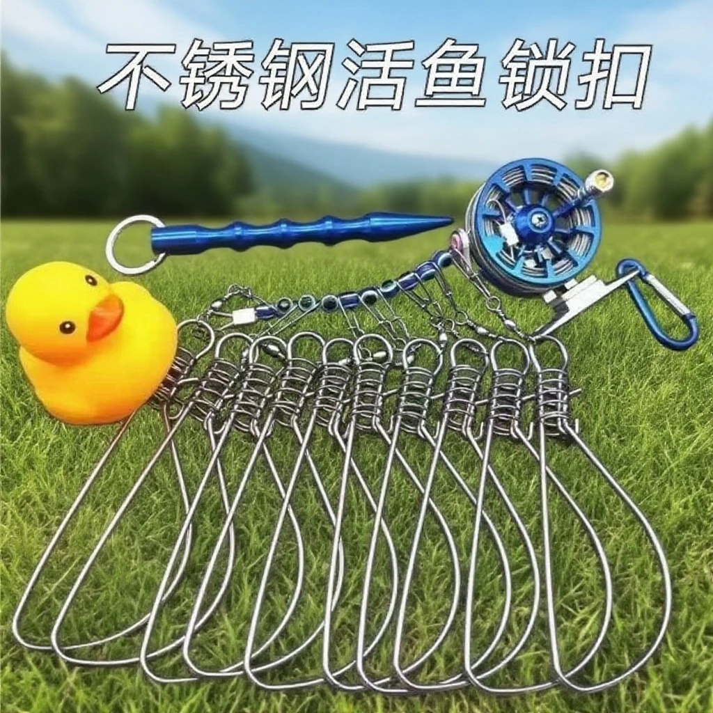 鱼锁扣小黄鸭加粗不锈钢鱼锁扣多功能轮式鱼扣带地插马口活鱼扣