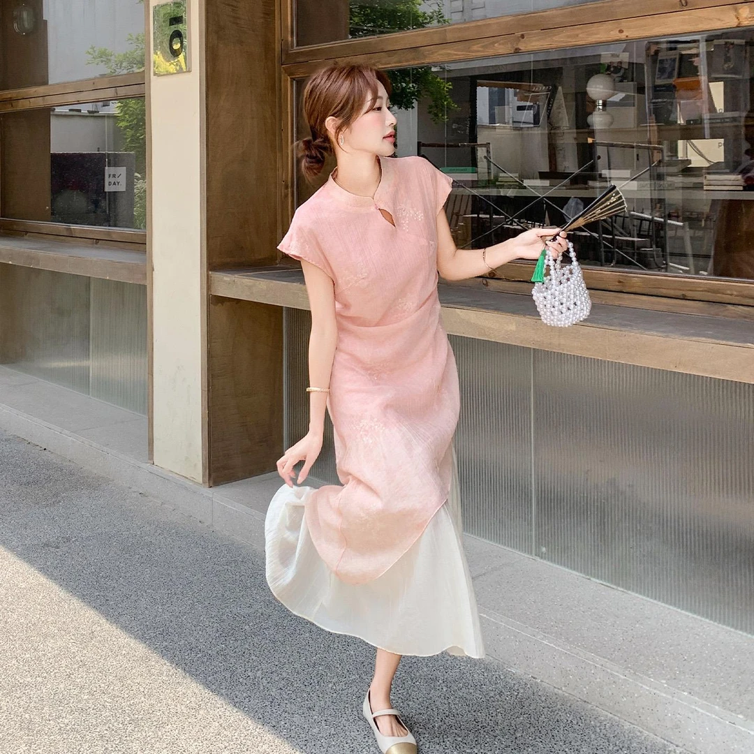 粉色甜美高级感减龄绣花洋装女2025夏季新款撞色拼接显瘦A字裙