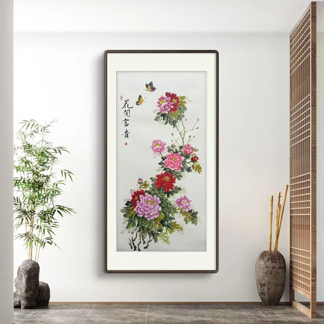 《花开富贵》纯手绘四尺竖幅牡丹花玄关厅堂走廊国画挂画作品