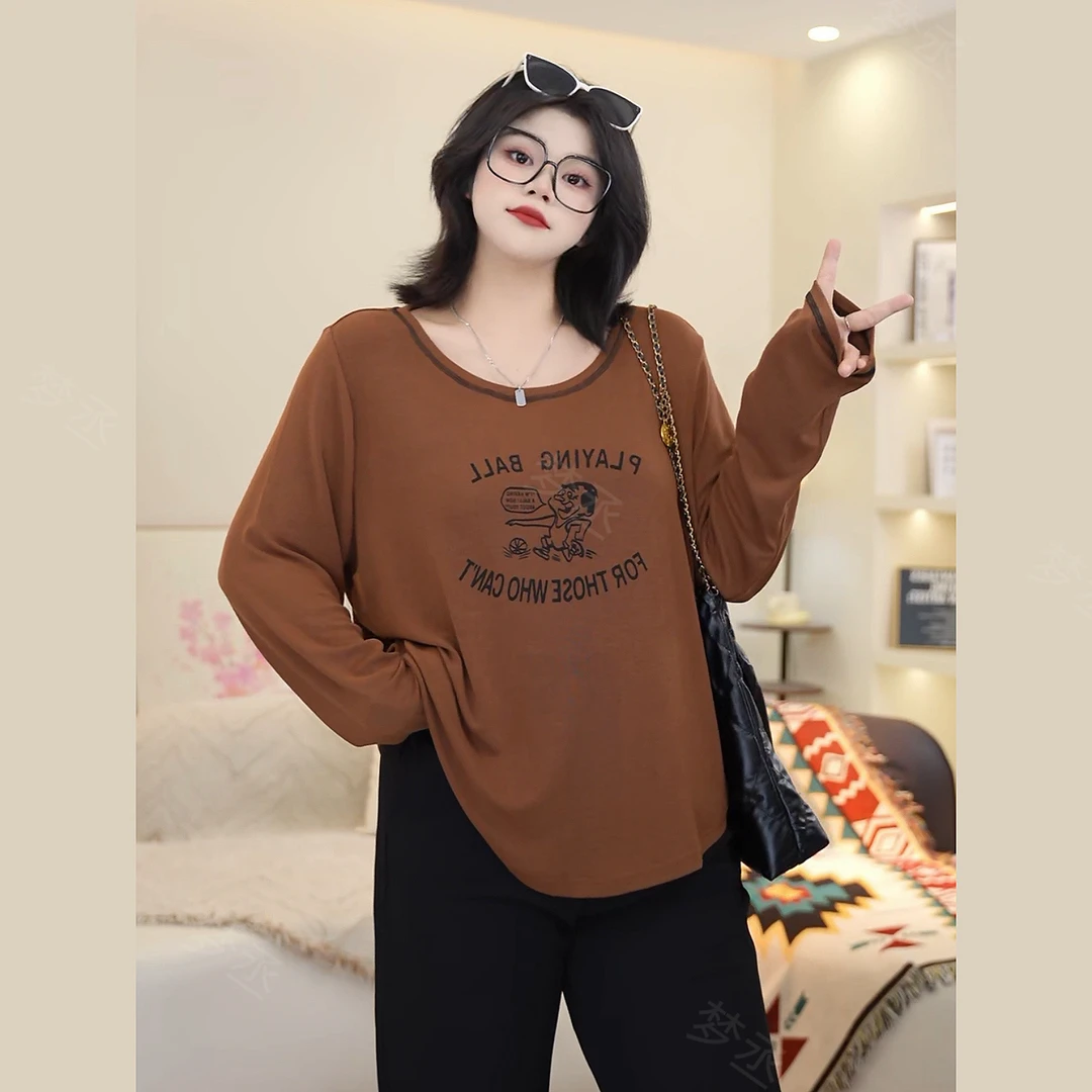 梦丞-新款圆领趣味卡通印花大码女装胖mm宽松显瘦百搭长袖T恤上衣