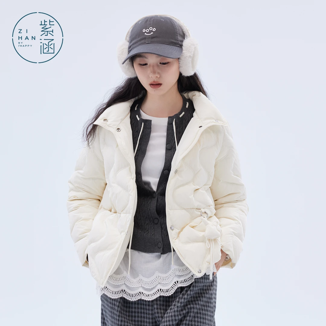 紫涵短款立领羽绒服女2025年冬季新款轻薄波浪纹修身显瘦鸭绒外套