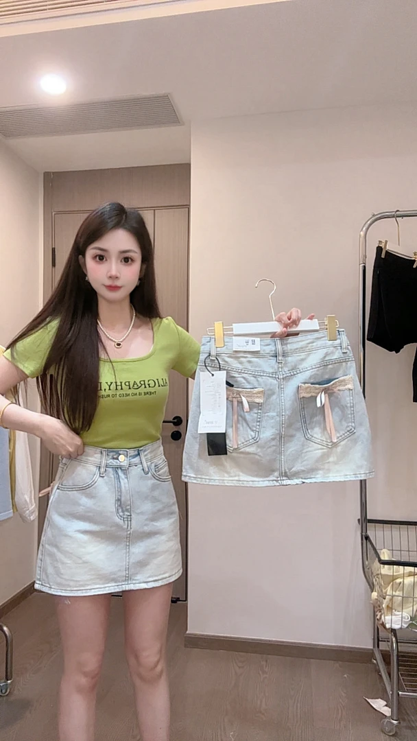 7517-无弹蕾丝蝴蝶结后口袋牛仔短裙