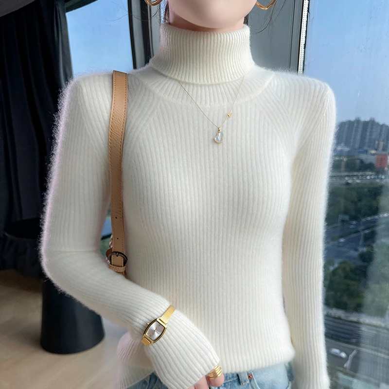 秋冬女士羊毛衫高翻领针织打底衫100%纯羊毛保暖洋气百搭修身毛衣