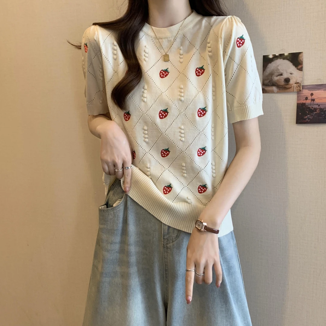 正肩短袖T恤女夏装大码胖妹妹显瘦设计感刺绣钉珠上衣冰丝打底小