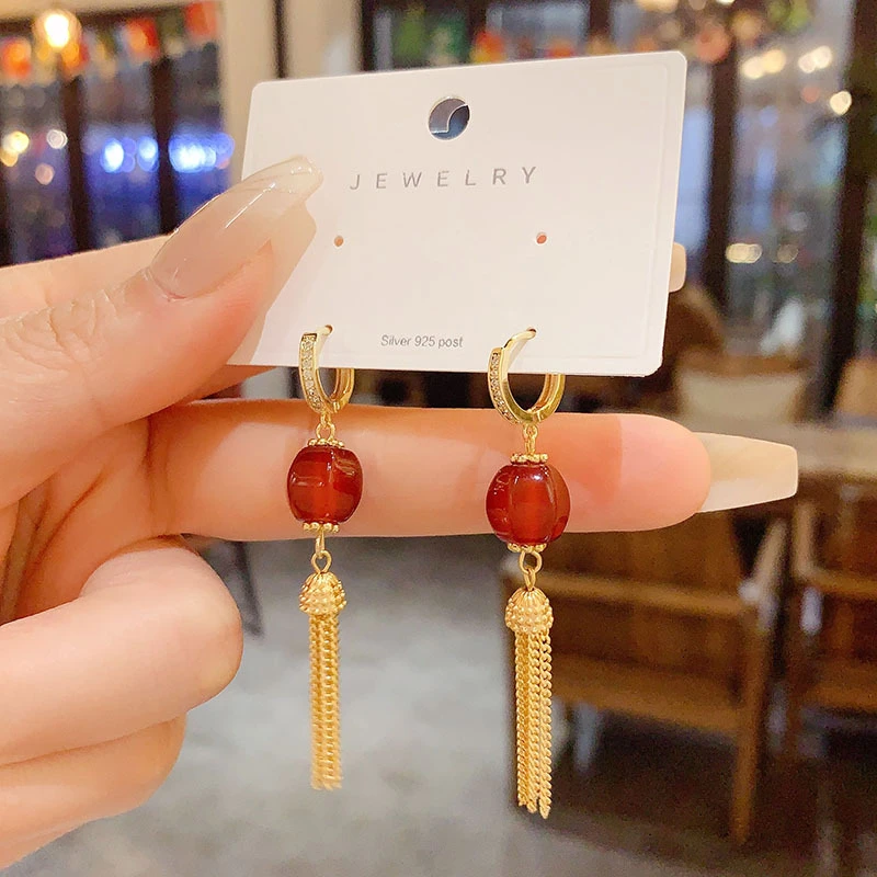 铜合金亚克力耳饰 新中式长款流苏耳环高级感复古小众百搭耳扣
