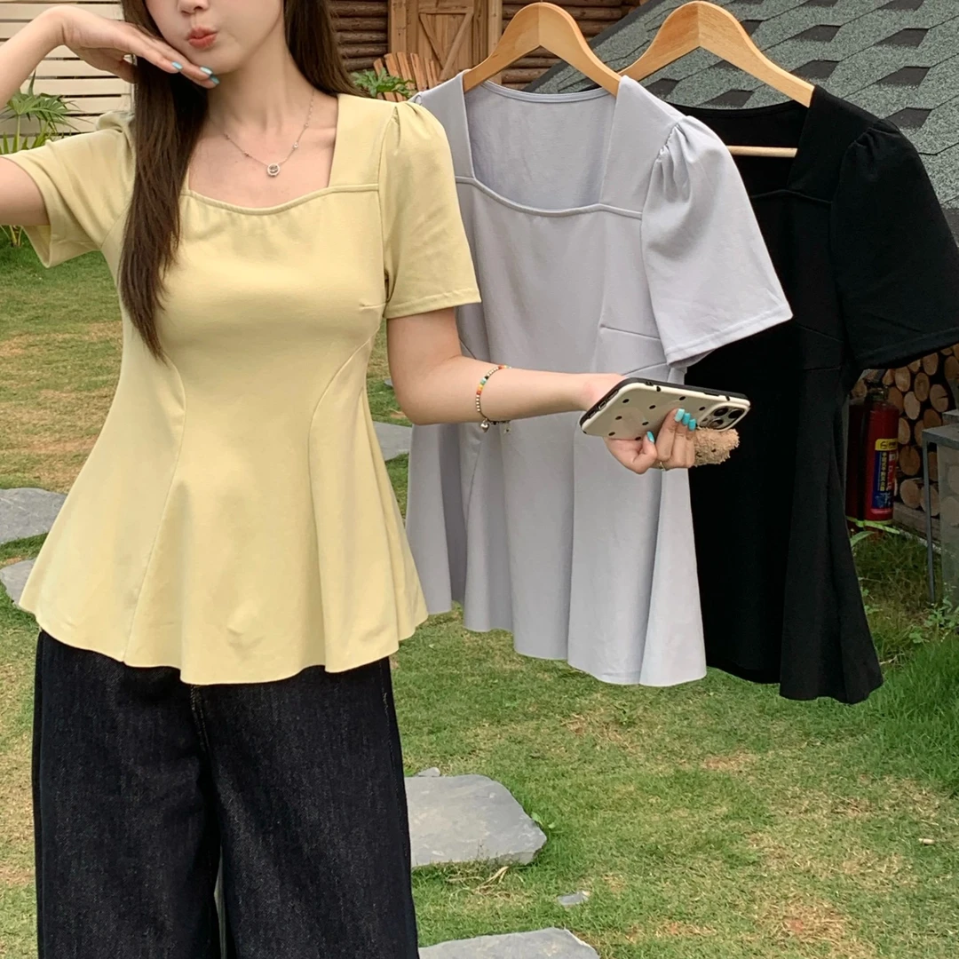 正肩方领荷叶边短袖T恤女夏季打底衫微胖大码设计感遮肚收腰上衣