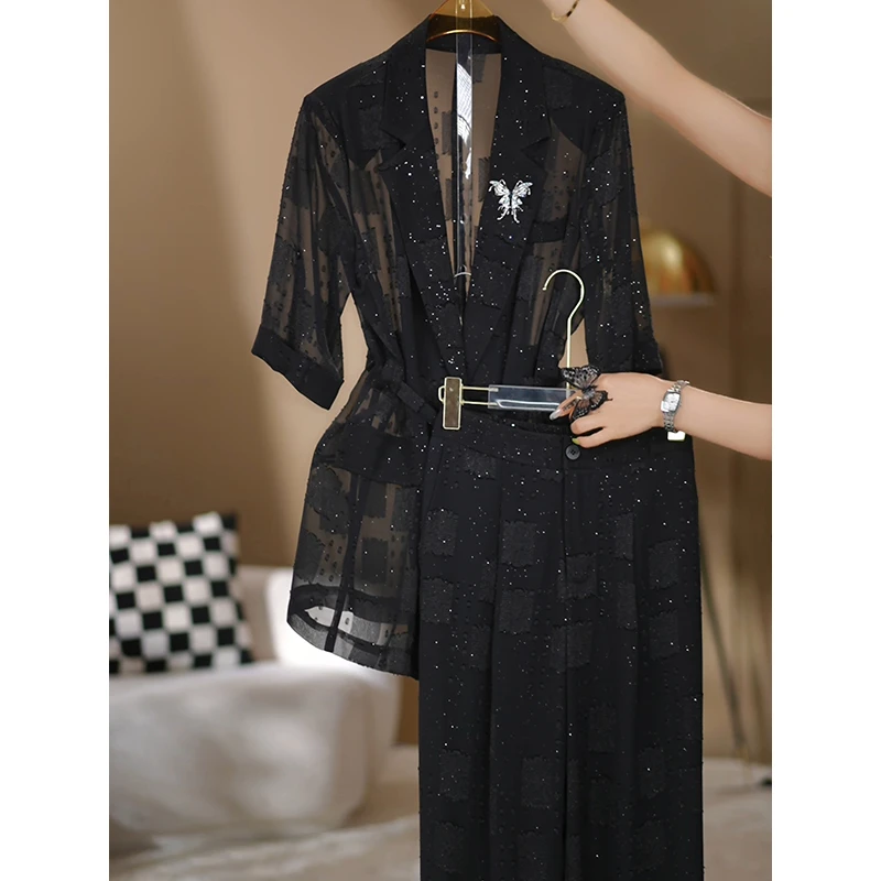 【伊美轻奢】2025夏季新款黑色亮闪气质时尚女装短袖套装