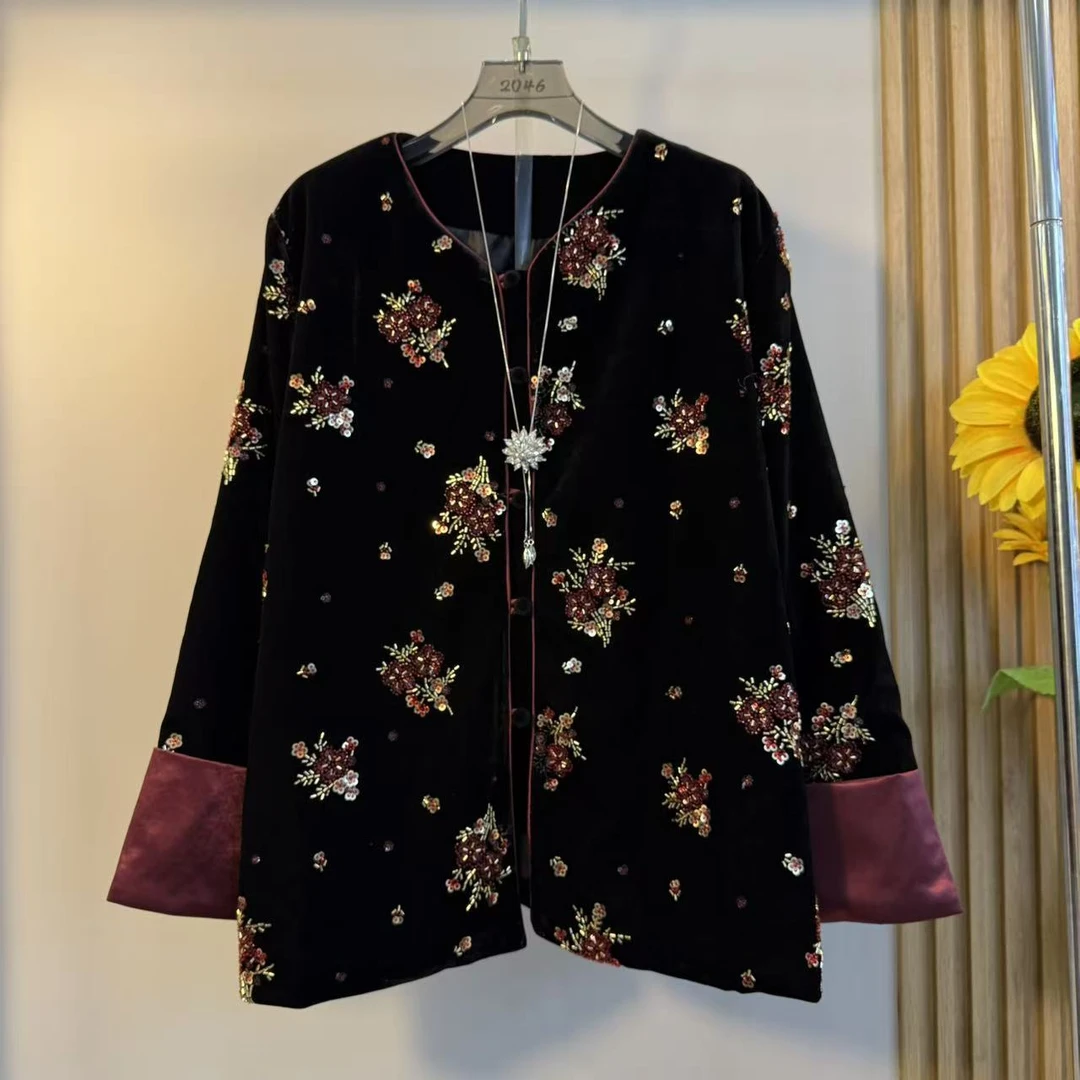 2025新中式复古高端盘扣设计高级感国风气质胖MM钉珠刺绣上衣外套