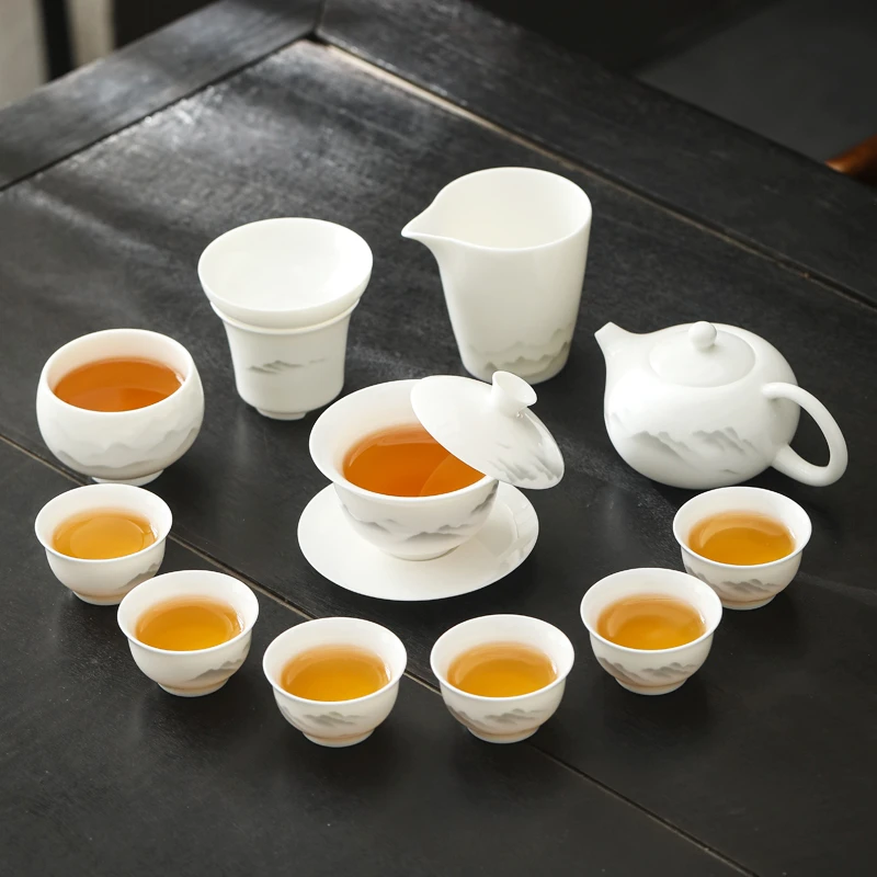 水墨群山羊脂玉悬停盖碗德化白瓷功夫茶具套装高端全套办公室家用