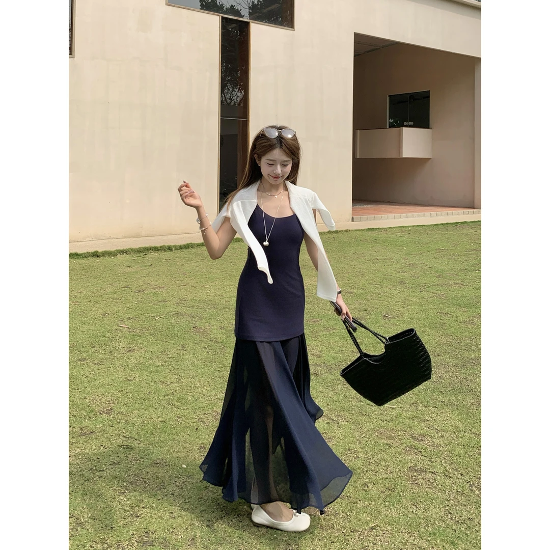 切糕【黑色柳丁】小个子气质显瘦吊带小众设计感洋气长款连衣裙