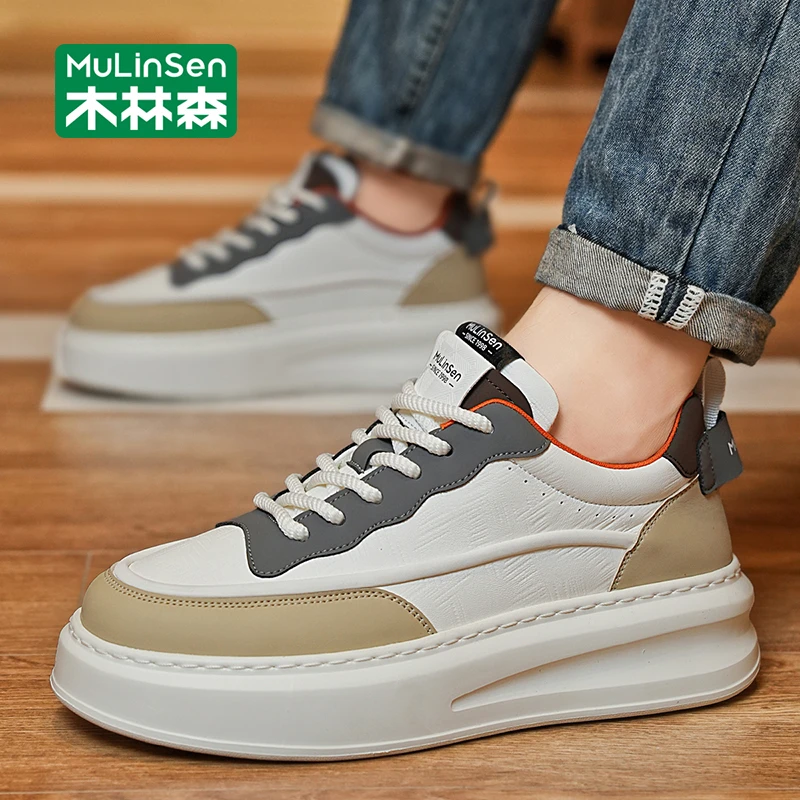 木林森板鞋男款2025新款秋季透气男鞋厚底增高运动休闲男士小白鞋