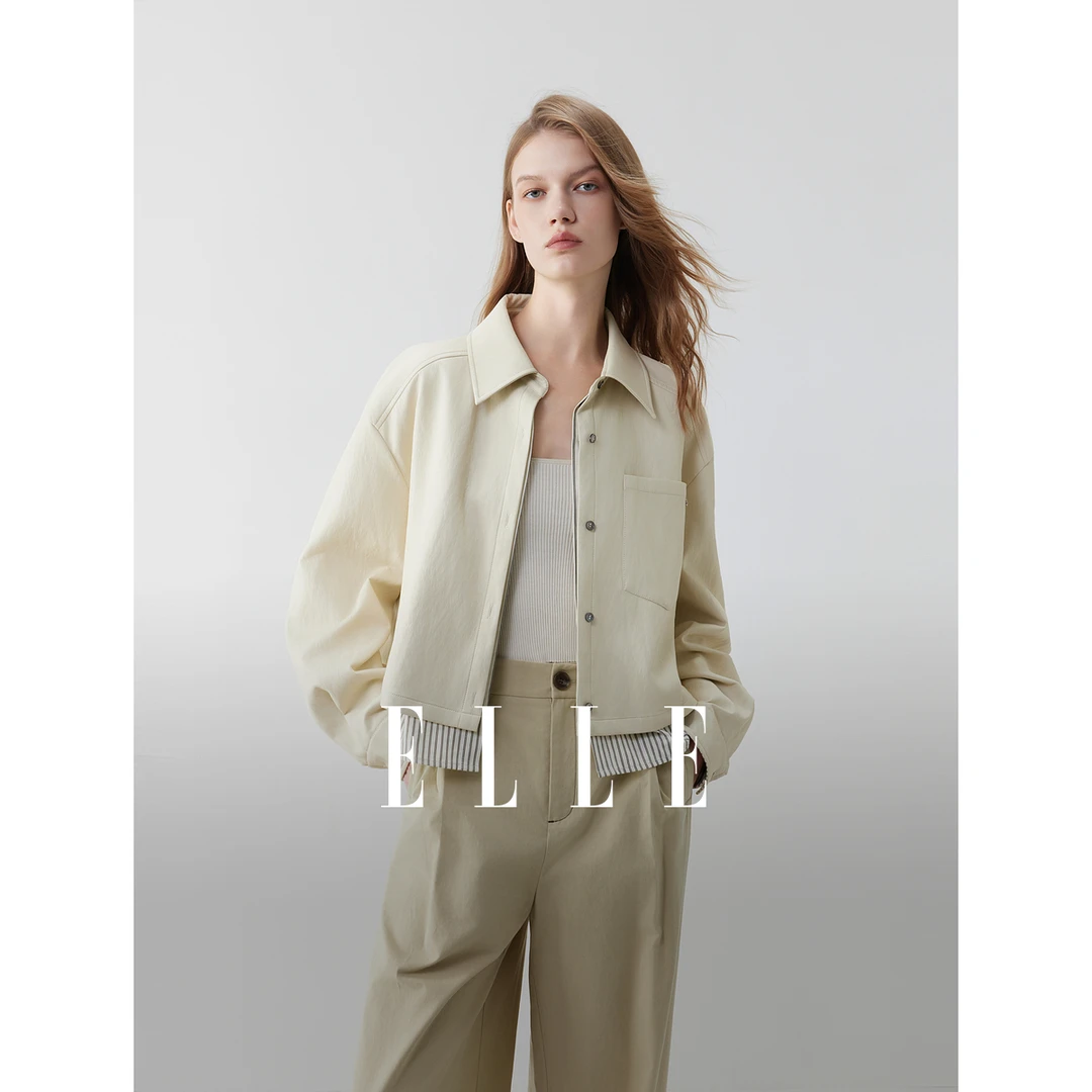 ELLE法式卡其拼接条纹短外套女2025秋季新款通勤宽松夹克EF52624