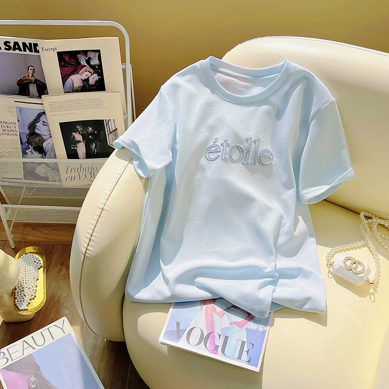 欧货字母刺绣小个子韩版短袖t恤女夏季新款时尚休闲正肩显瘦上衣